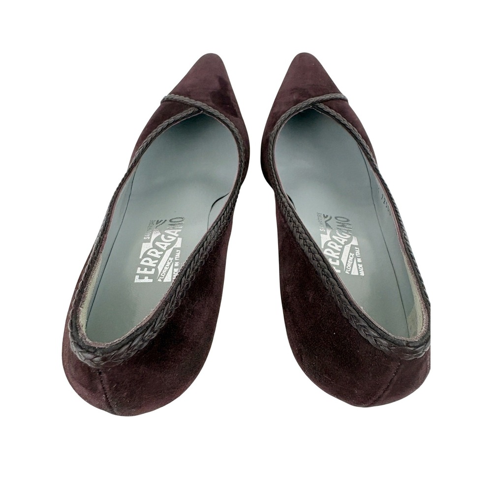 Salvatore Ferragamo Brown Suede Court Shoes Size 7B Pointed Toe Leather Piping - Picture 4 of 11
